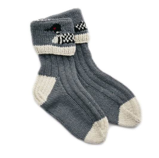 Grey wool loon socks with white heel and toe, handmade in Newfoundland & Labrador, Canada by Marie's Knits.