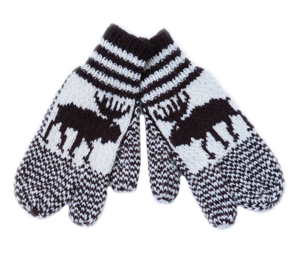 Hand knit wool moose trigger mitts from Newfoundland, Canada.