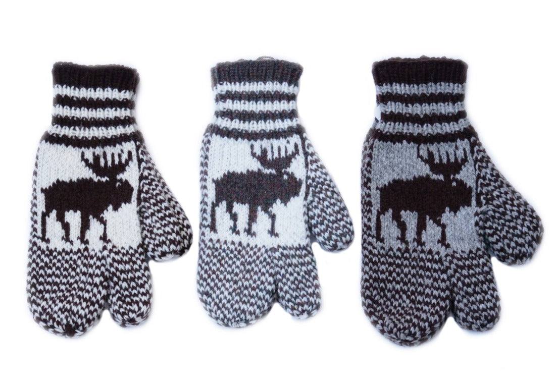 Hand knit wool moose trigger mitts from Newfoundland, Canada.