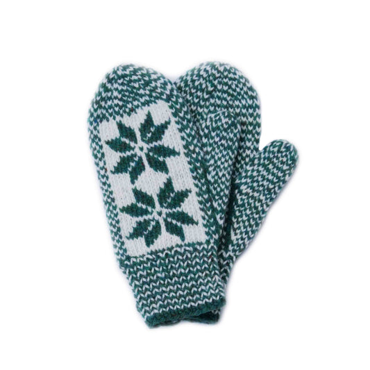 Hand knit green wool snowflake mitts from Newfoundland and Labrador, Canada.