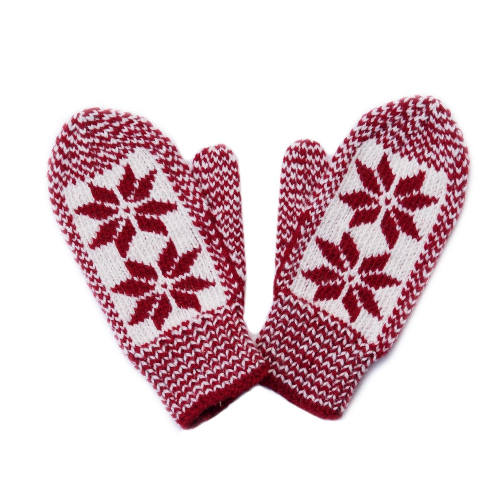 Hand knit red wool snowflake mitts from Newfoundland and Labrador, Canada.