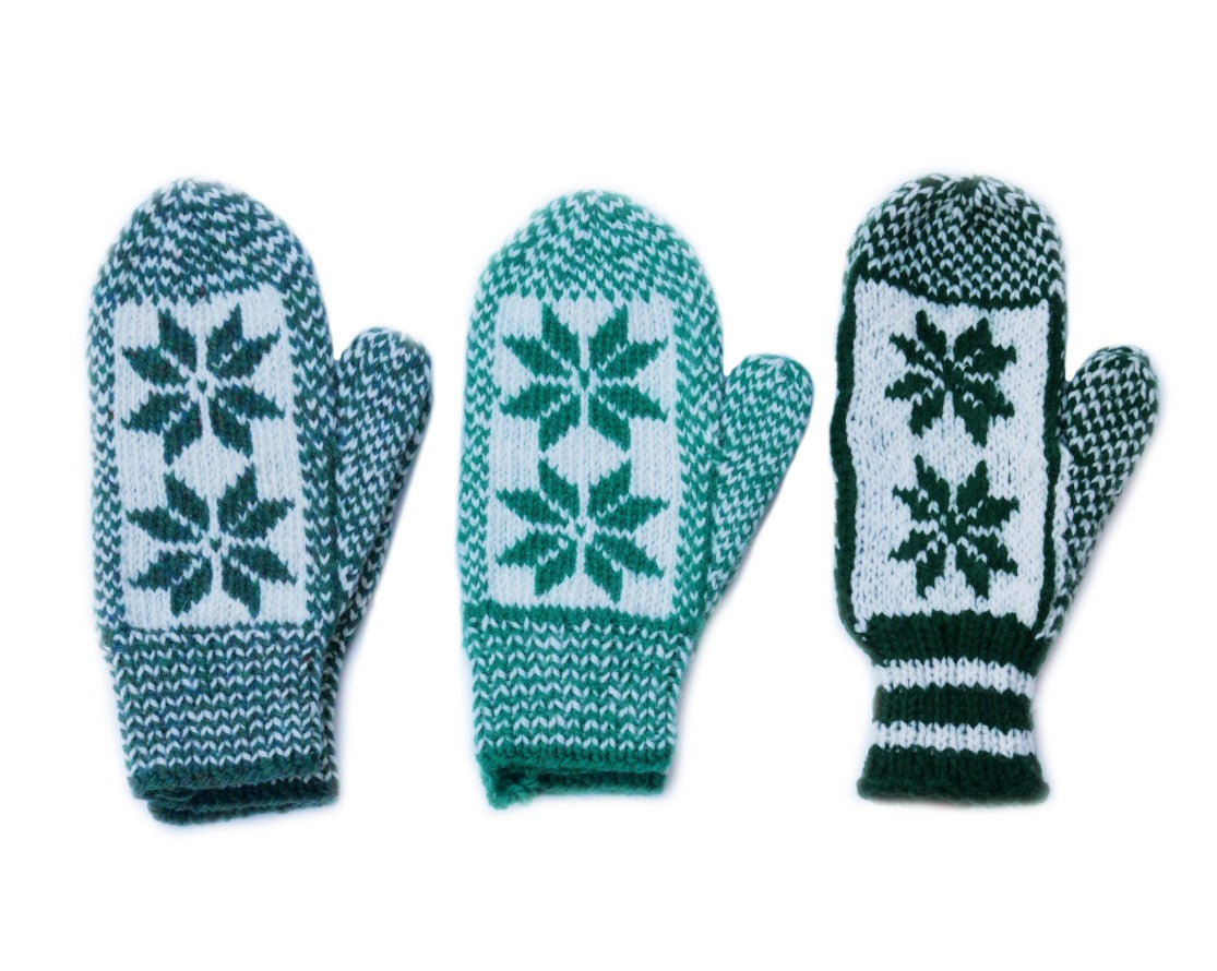Hand knit green wool snowflake mitts from Newfoundland and Labrador, Canada.