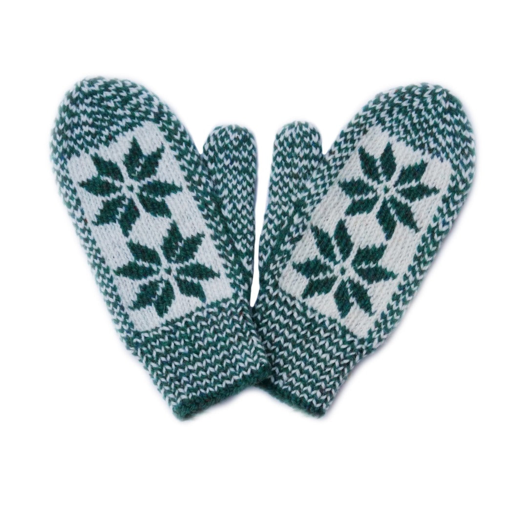 Hand knit green wool snowflake mitts from Newfoundland and Labrador, Canada.