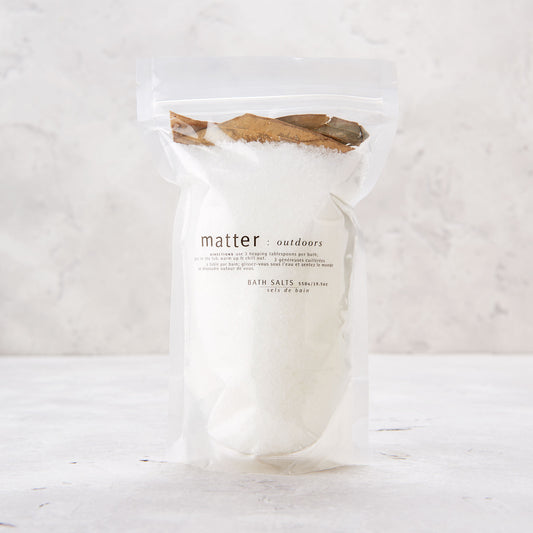 Made in Canada Matter outdoors biodegradable bath salts with eucalyptus leaves.