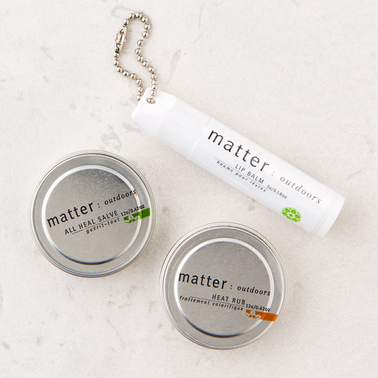 Made in Canada natural day pack with all heal salve, heat rub and lip balm by Matter Outdoors.