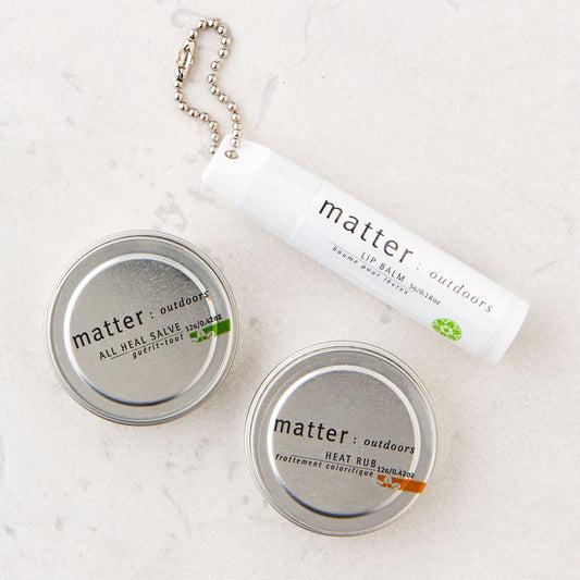 Made in Canada natural day pack with all heal salve, heat rub and lip balm by Matter Outdoors.