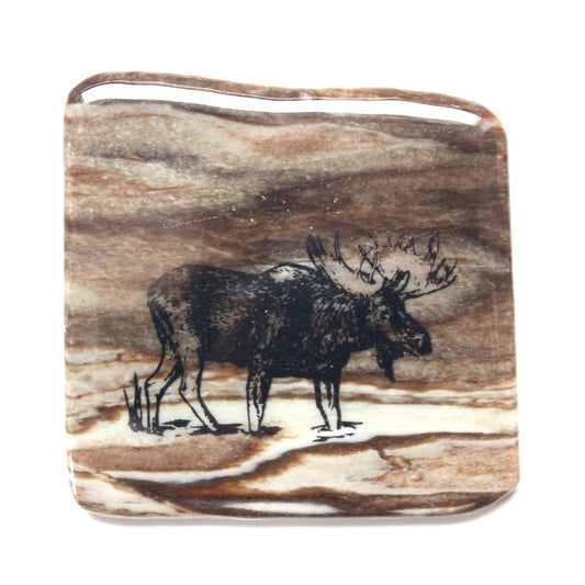 Granite coaster with moose design made in Canada.