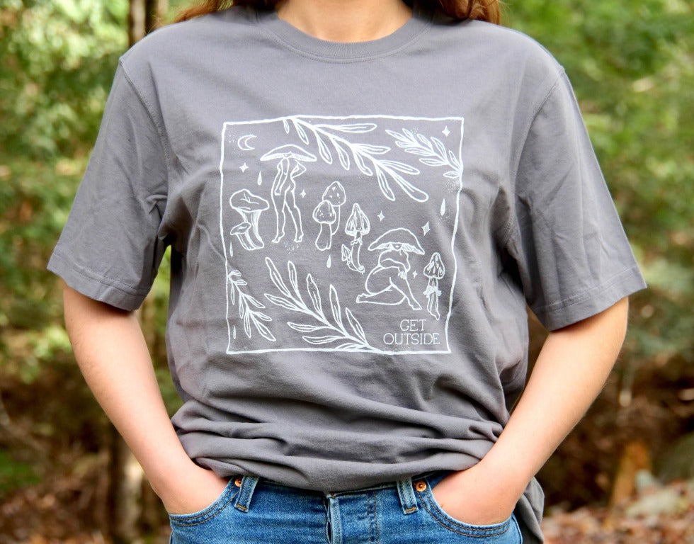 Made in Canada slate unisex t-shirt with silkscreened original mushroom artwork.