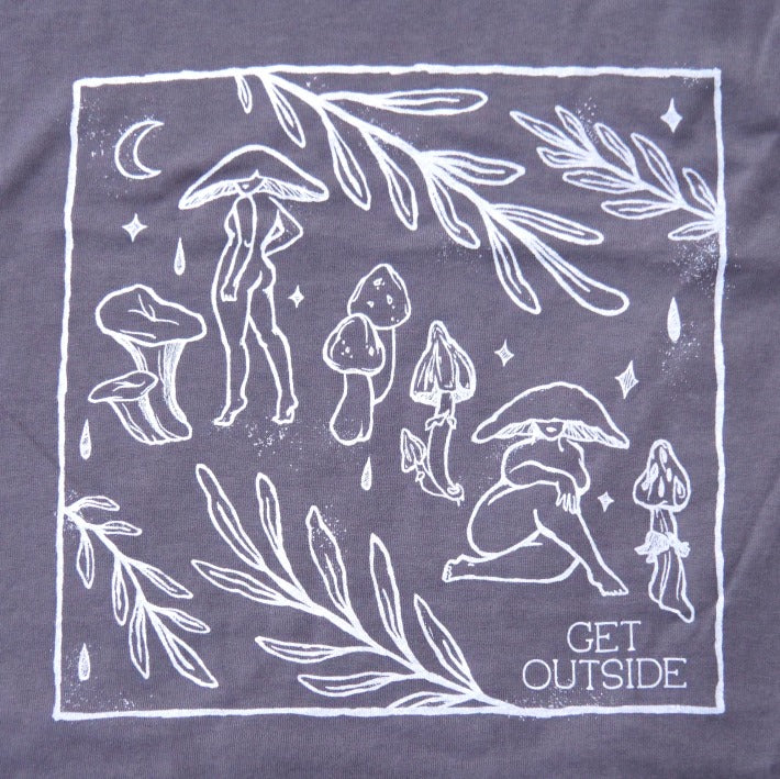 Made in Canada slate unisex t-shirt with silkscreened original mushroom artwork.
