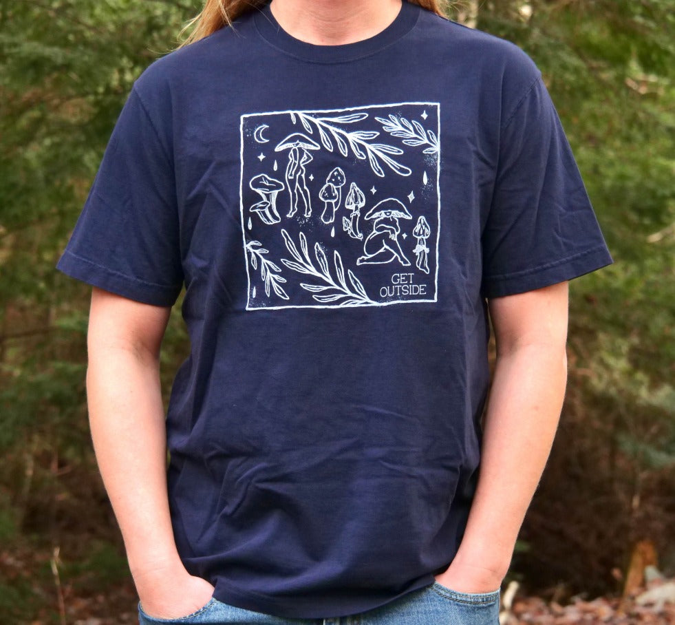 Made in Canada navy unisex t-shirt with silkscreened original mushroom artwork.