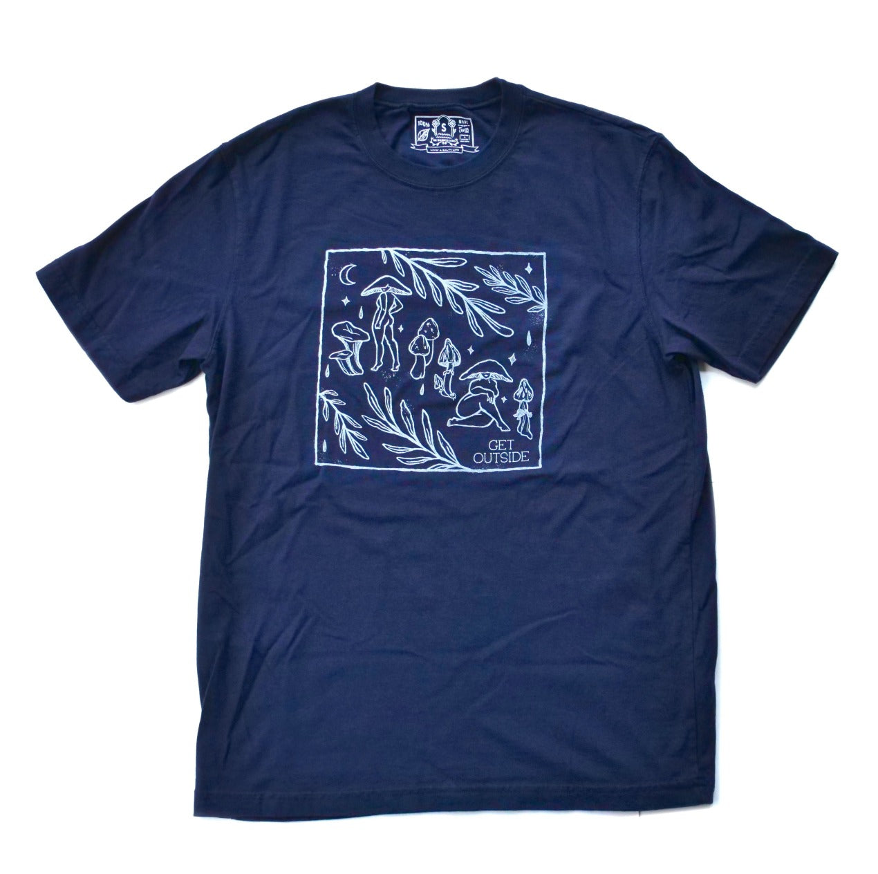 Made in Canada navy unisex t-shirt with silkscreened original mushroom artwork.