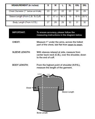 Sizing chart for unisex t-shirts.