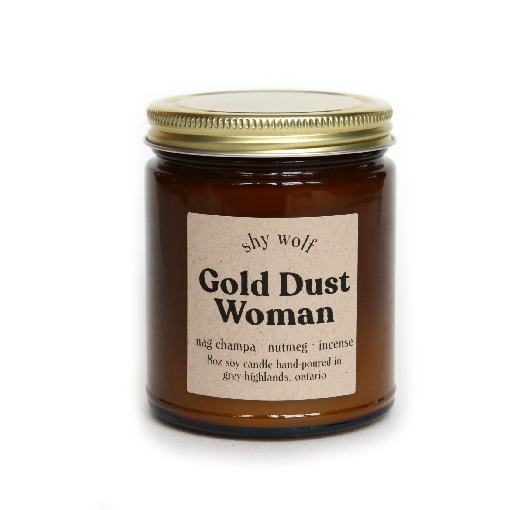 All natural hand-poured "Gold Dust Woman" scented soy candle made in Canada by Shy Wolf candles.