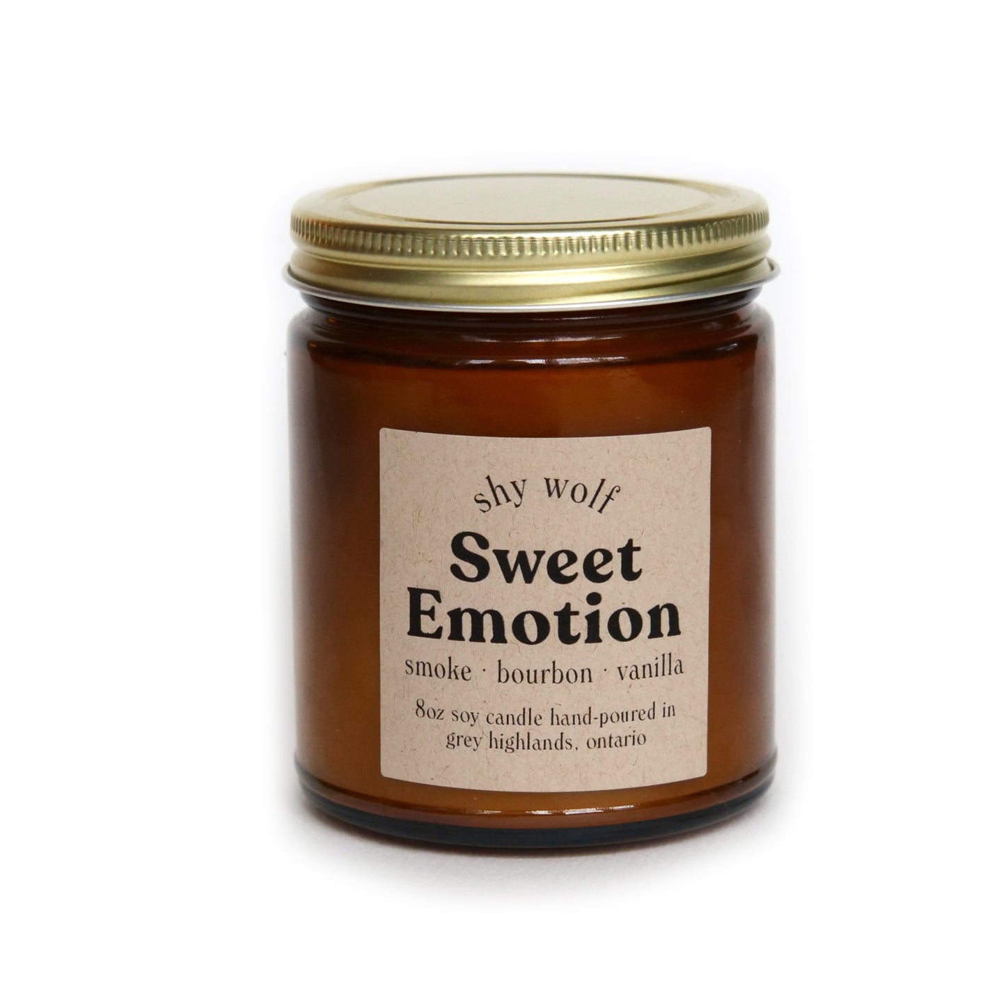 All natural hand-poured "Sweet Emotion" scented soy candle made in Canada by Shy Wolf candles.