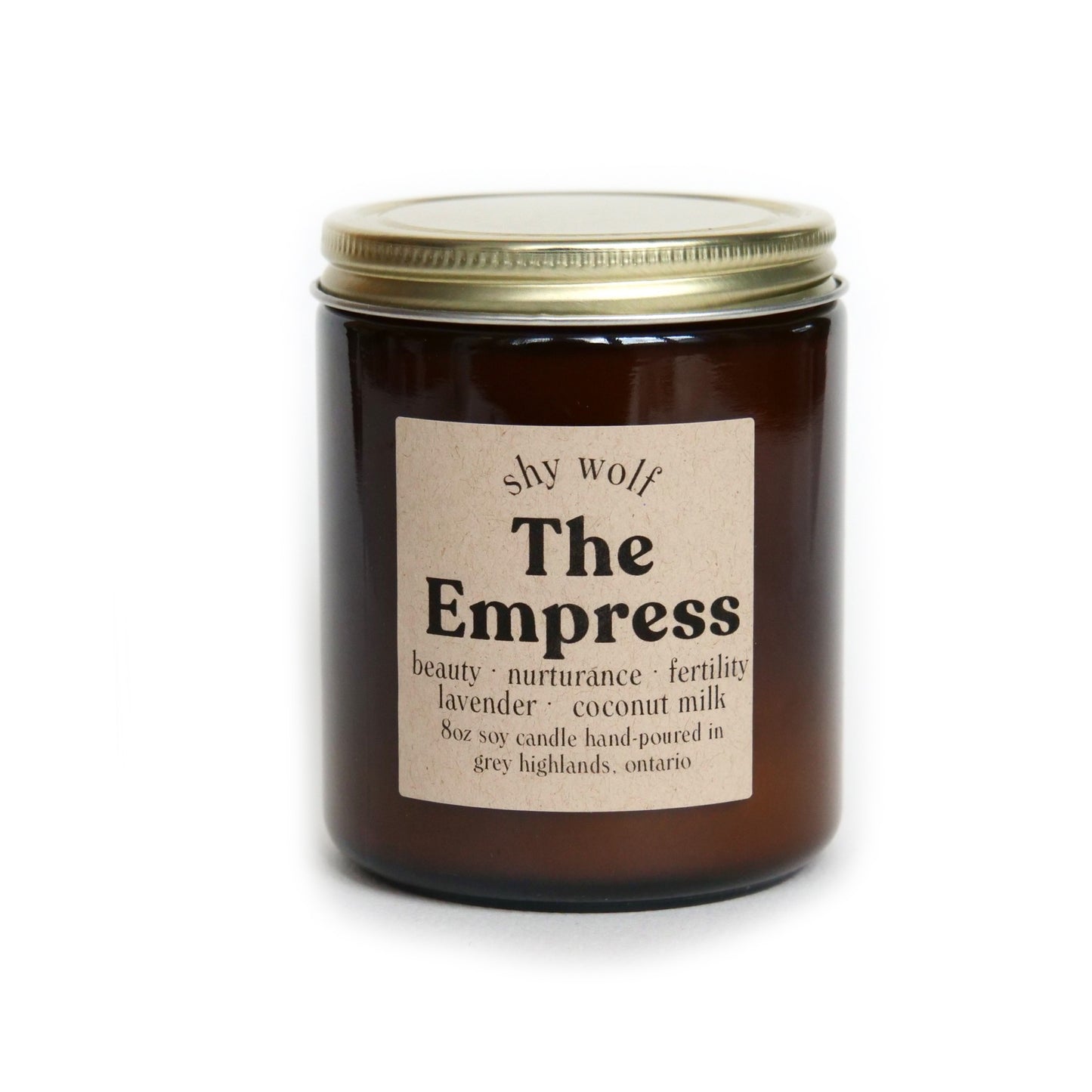 All natural hand-poured "The Empress" scented soy candle made in Canada by Shy Wolf candles.