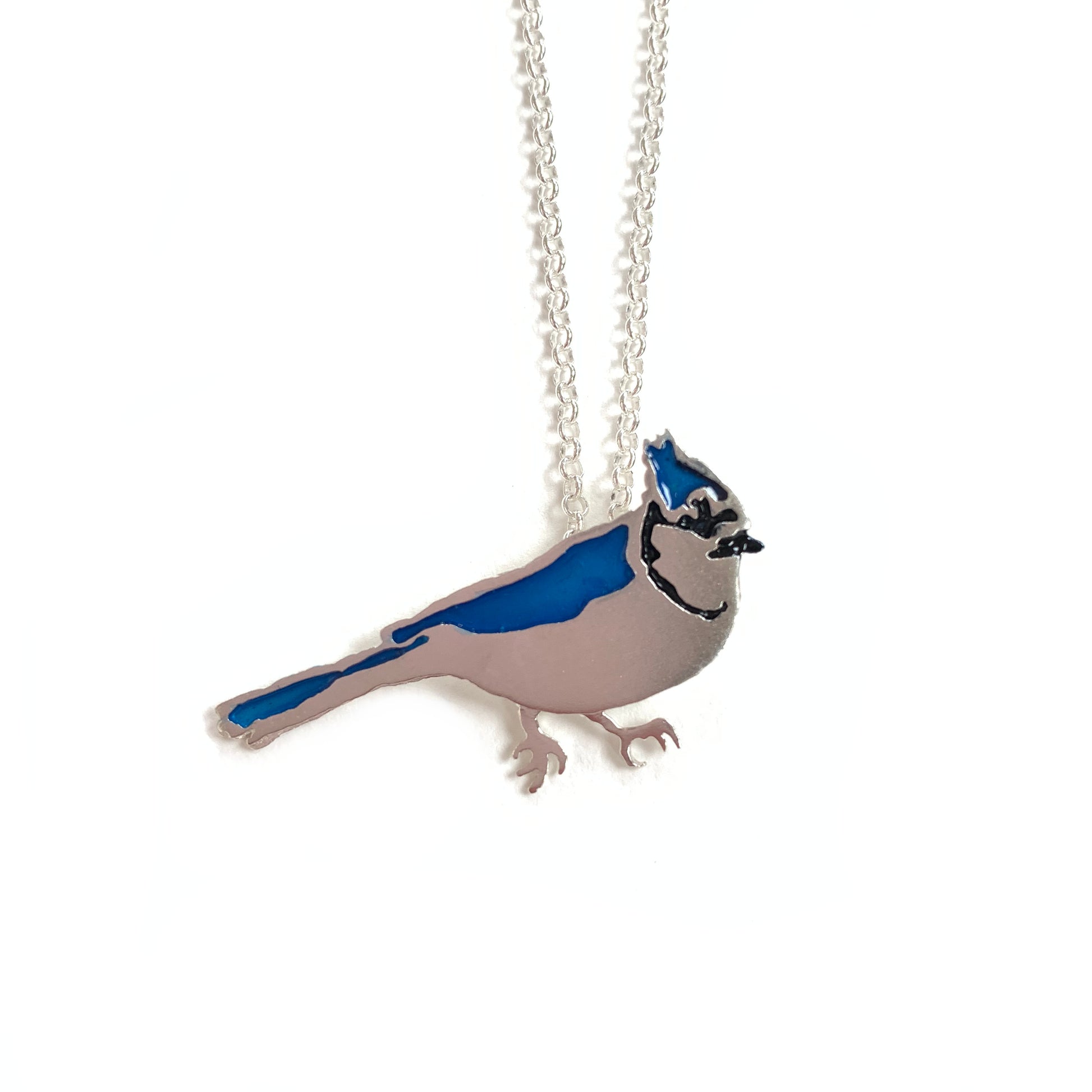 Made in Canada sterling silver bluejay necklace with blue and black enamel accents.