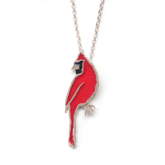 Made in Canada sterling silver cardinal necklace with painted red and black enamel accents.