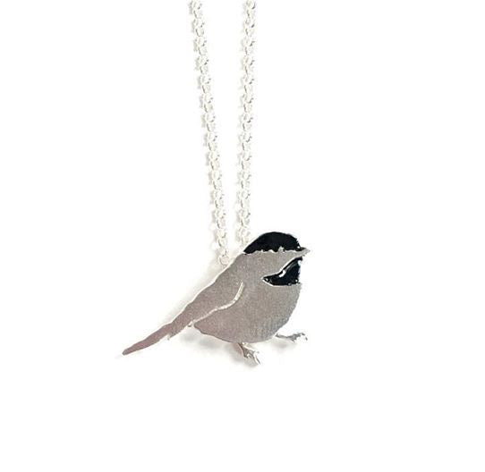 Made in Canada sterling silver chickadee necklace with black enamel accent.