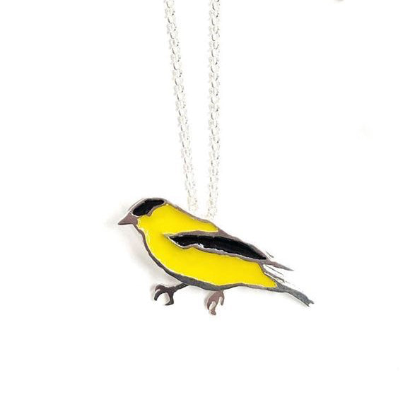 Made in Canada sterling silver goldfinch necklace with yellow and black painted enamel accents.