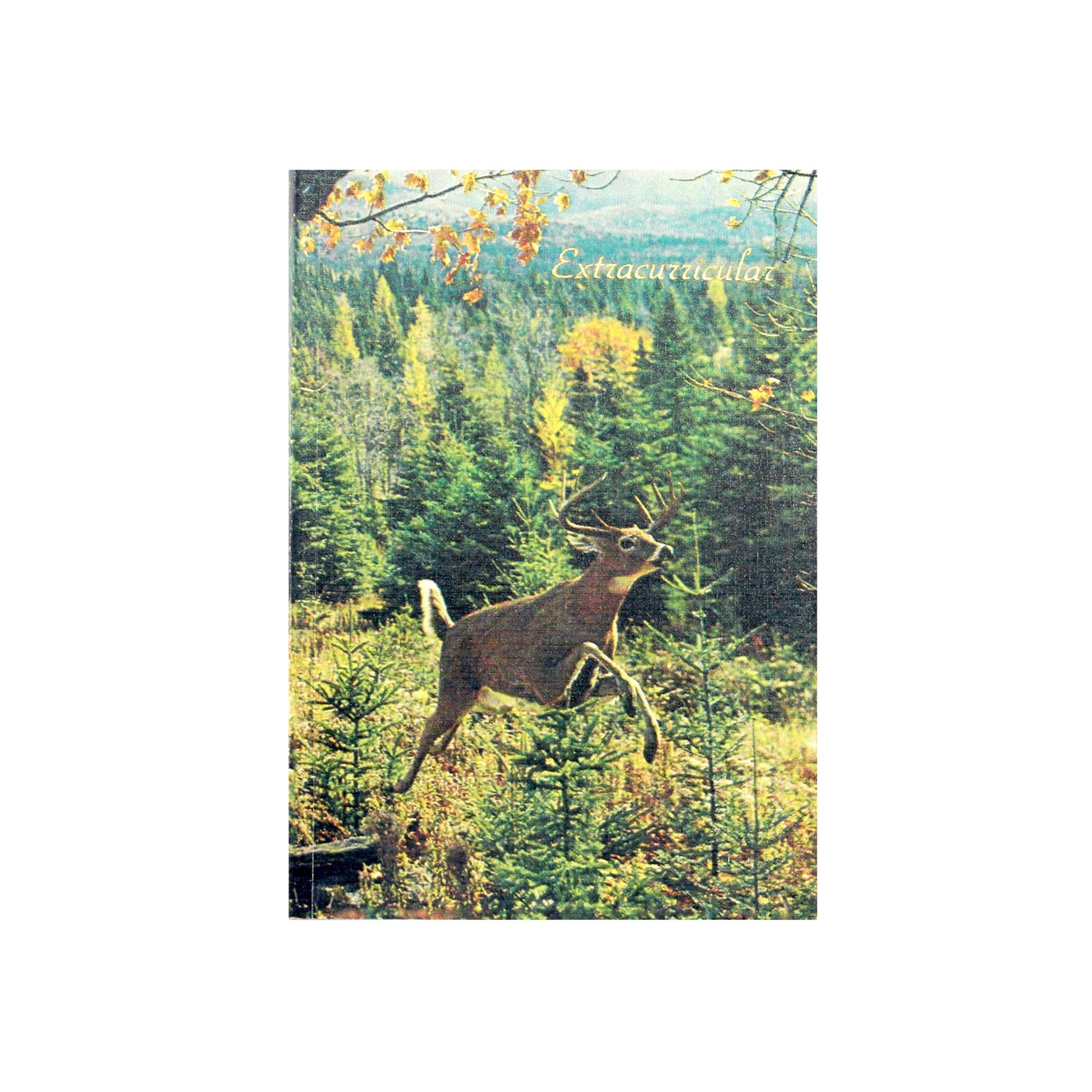 Canadian made notebook with a printed photograph of a prancing white tailed buck on the cover.