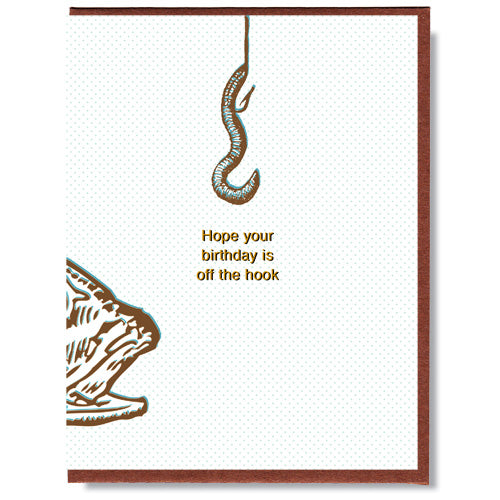 Canadian made birthday card with a fish, hook and a word. Caption reads: hope your birthday is off the hook