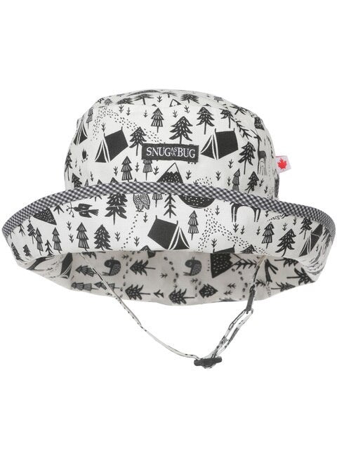 Made in Canada cotton baby sun hat with black and white camping trees and mountains print.