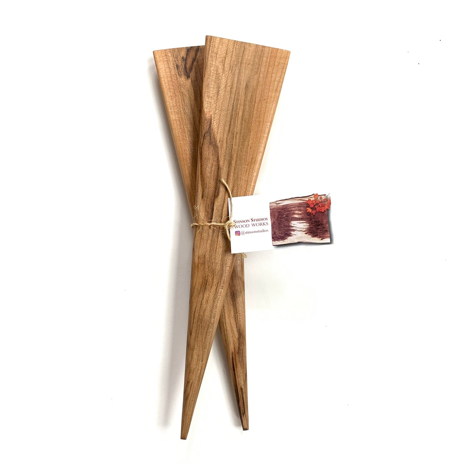 Triangular maple wood salad serving tongs made in Canada by Stinson Studios.
