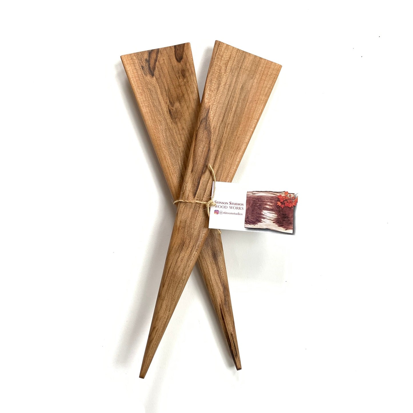 Triangular maple wood salad serving tongs made in Canada by Stinson Studios.