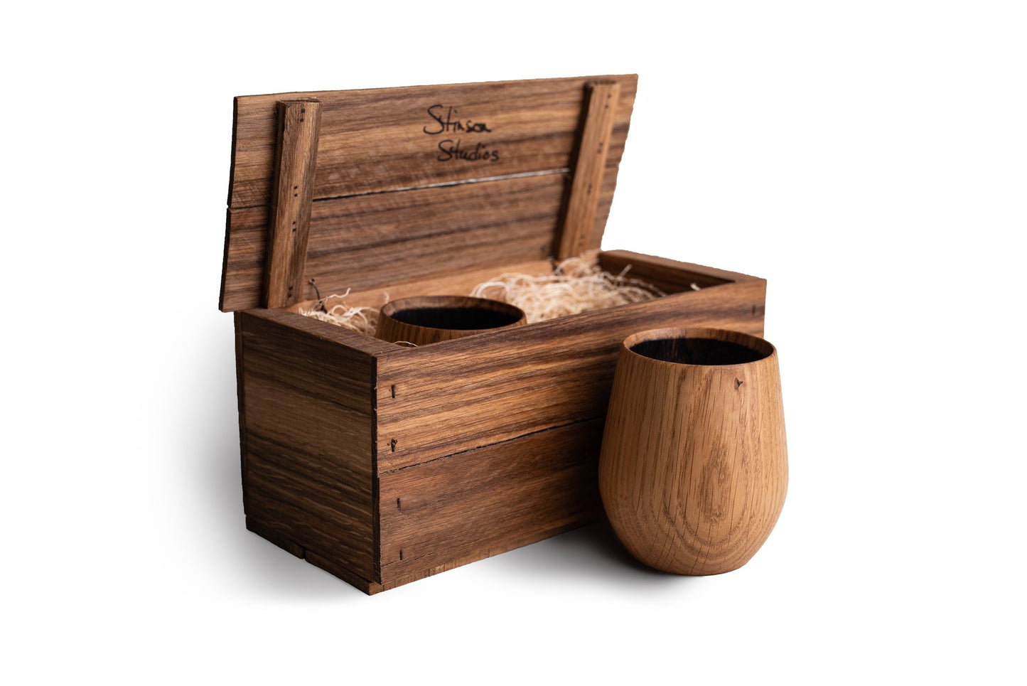 Wooden gift crate of two Charred Oak Whiskey Tumblers, made in Canada by Stinson Studios.