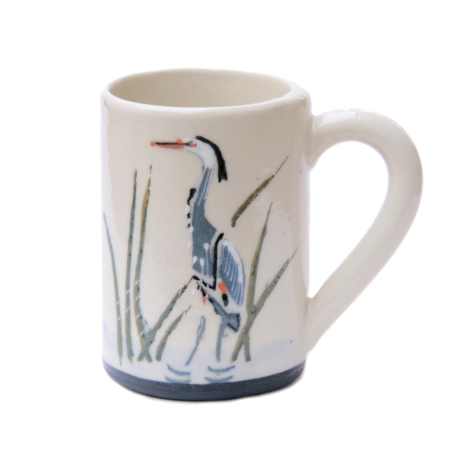 Handmade stoneware clay mug with Blue Heron painting, made in Canada by Susan Robertson Pottery.