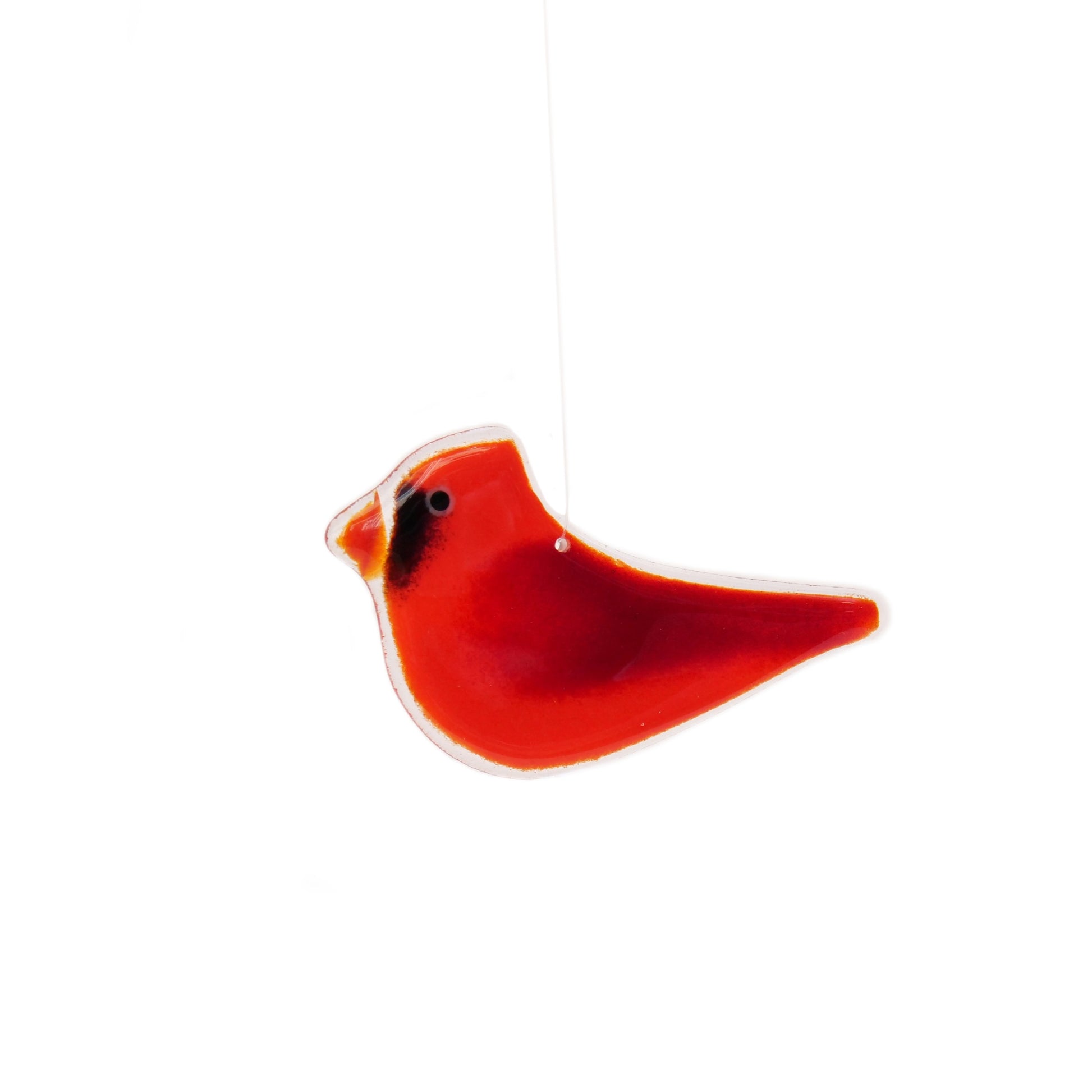 Glass cardinal ornament handmade in Canada.