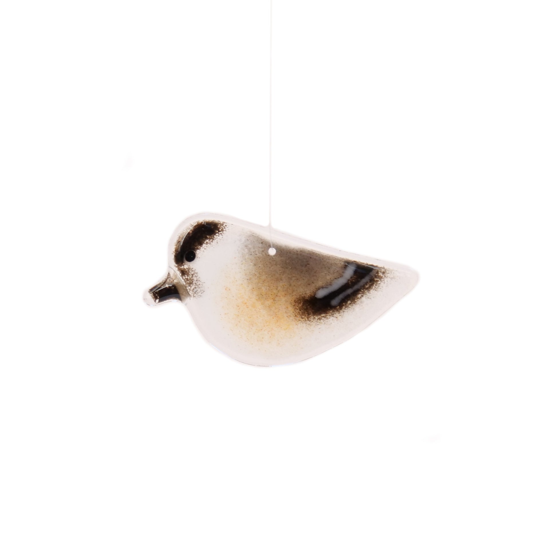 Glass chickadee ornament handmade in Canada.