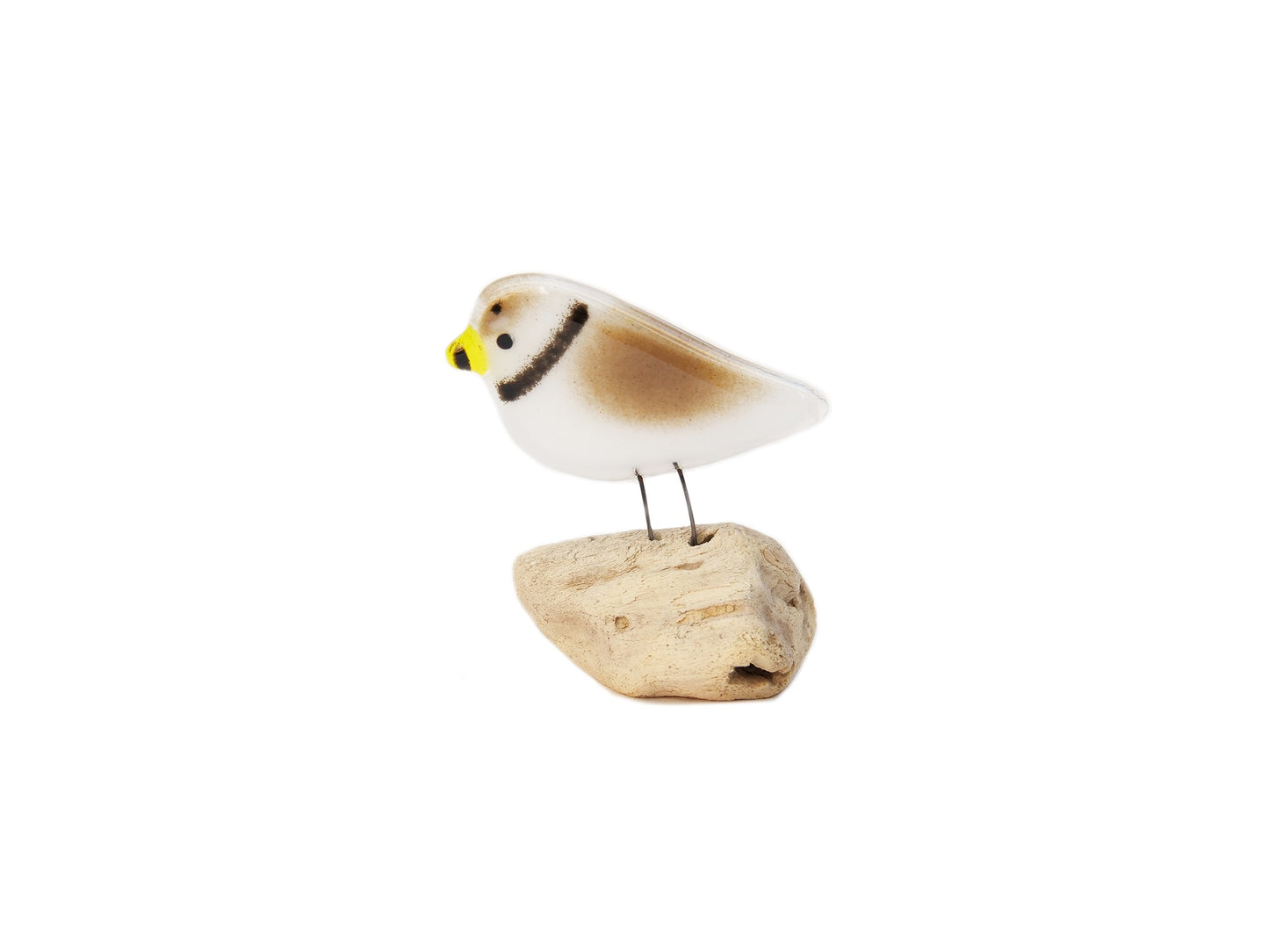 Glass piping plover sculpture on driftwood, handmade in Canada.