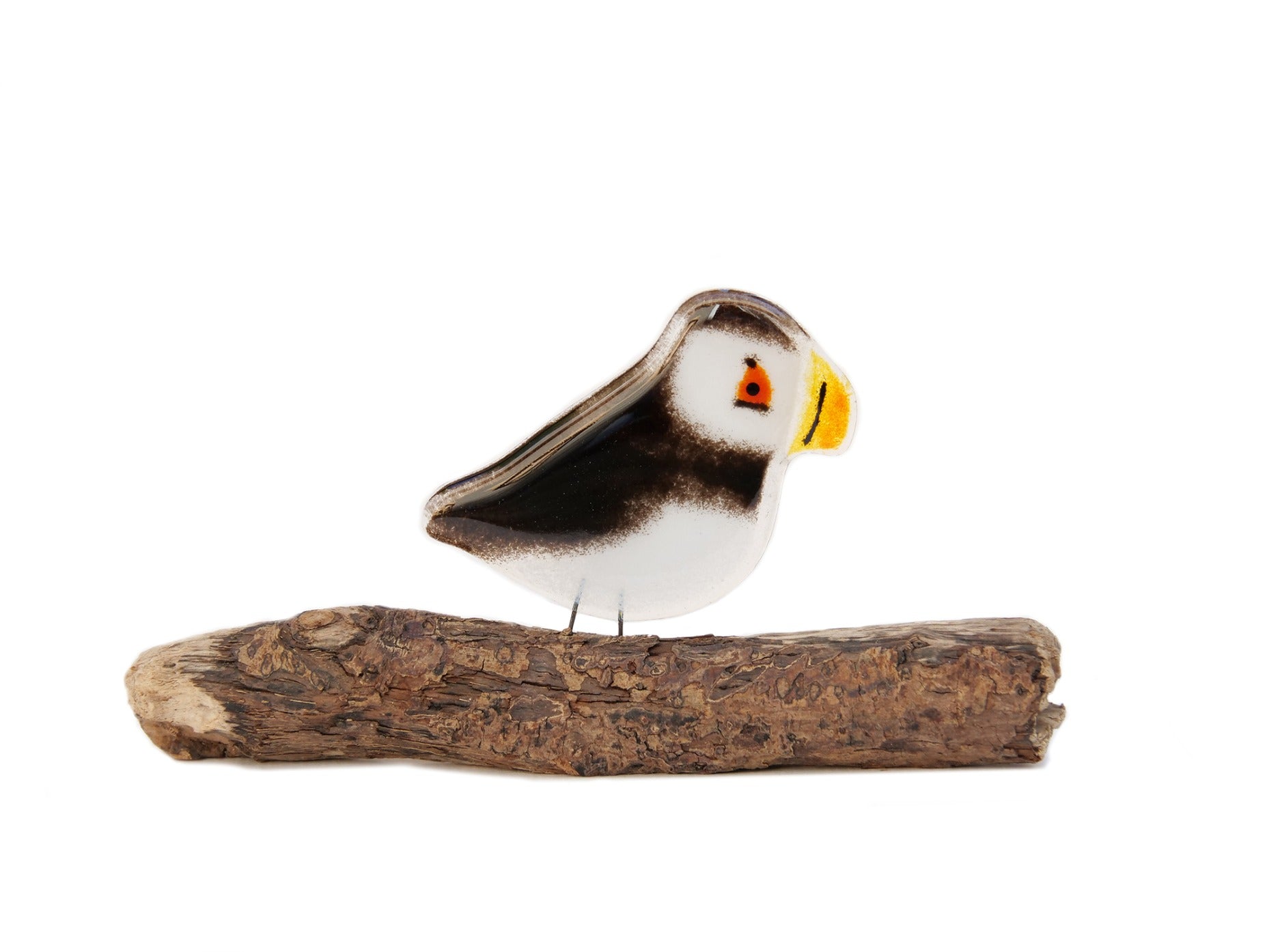 Glass Atlantic Puffin sculpture on driftwood, handmade in Canada.