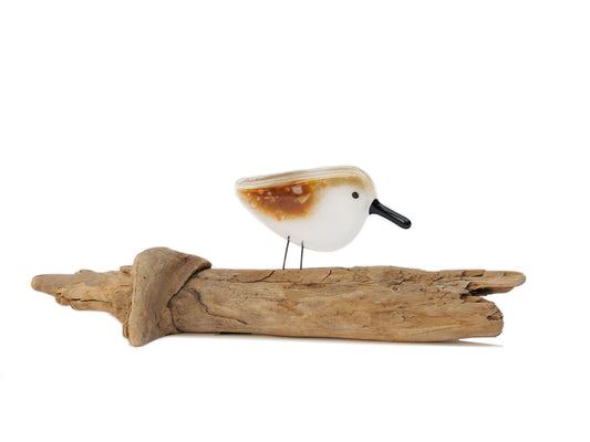 Glass sandpiper sculpture on driftwood, handmade in Canada.