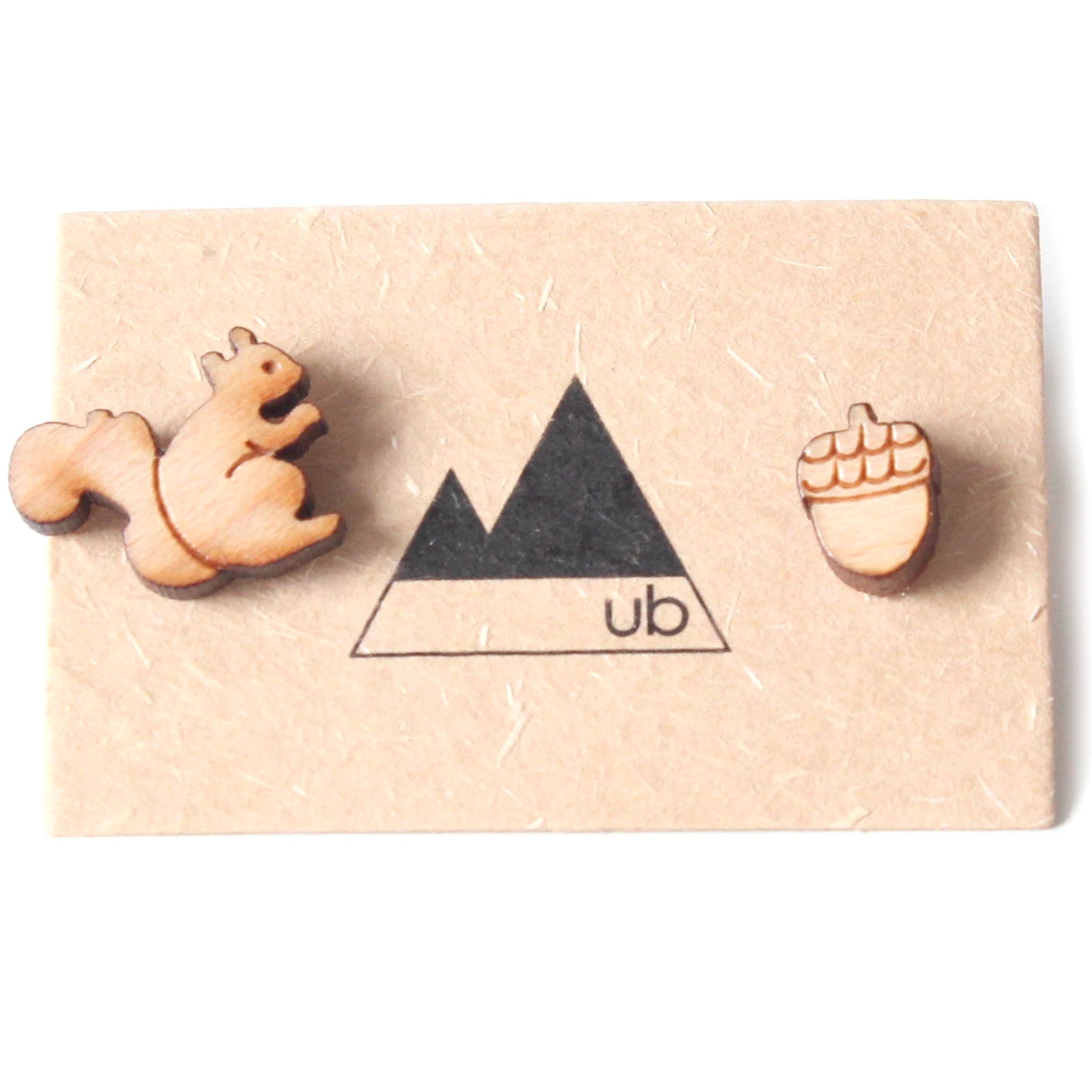 Made in Canada wood stud mismatch earrings with laser cut squirrel and acorn.