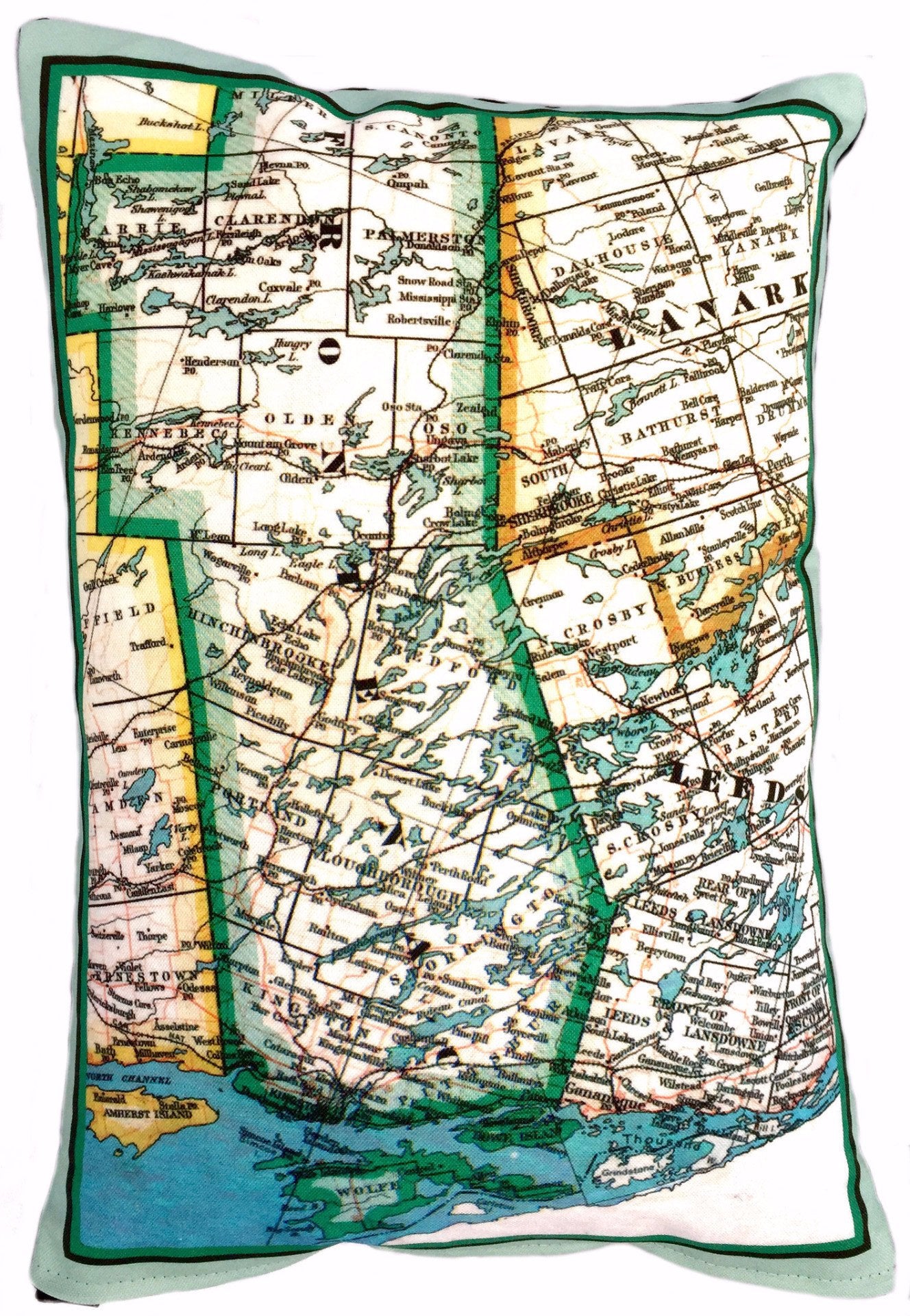 Made in Canada linen pillow case with hand printed vintage map of the Rideau Lakes region in eastern Ontario, Canada.