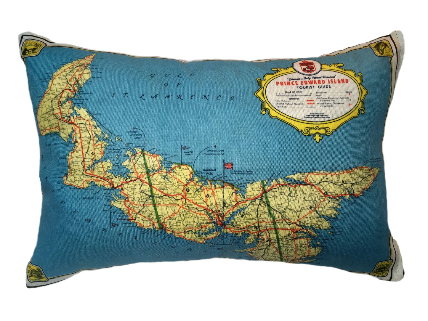 Made in Canada linen pillow case with hand printed vintage road map of Prince Edward Island and the Gulf of St Lawrence in eastern Atlantic Canada.