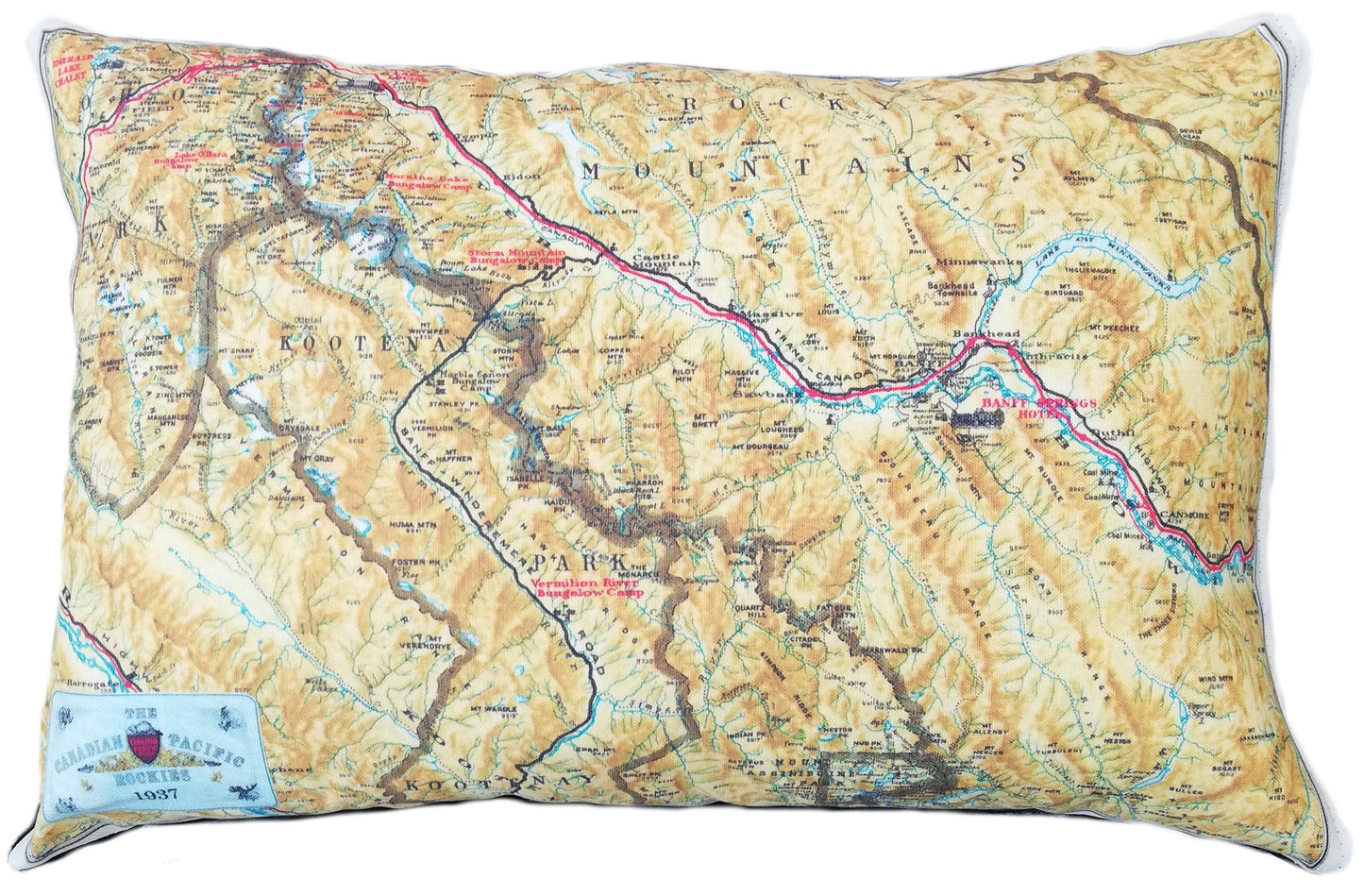 Made in Canada linen pillow case with hand printed vintage road and rail map of the Canadian Pacific Rocky Mountains in Alberta and British Columbia, includes Banff Springs and Jasper National Park.  