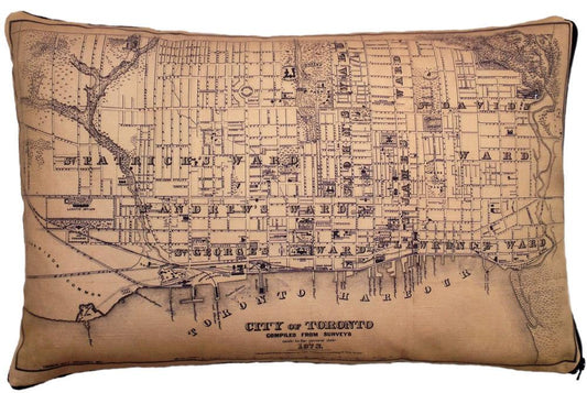 Made in Canada linen pillow case with hand printed vintage map of the City of Toronto, Ontario, Canada..