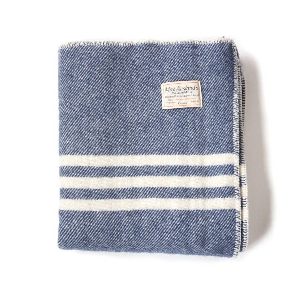Blue Canadian virgin wool MacAusland blanket with three white stripes, made in Canada by MacAusland's Woollen Mills in PEI.