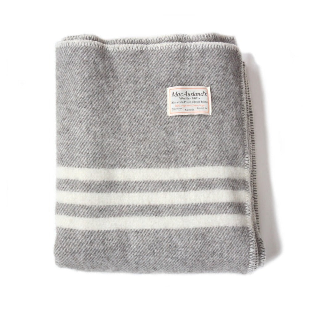 Grey Canadian virgin wool MacAusland blanket with three white stripes, made in Canada by MacAusland's Woollen Mills in PEI.