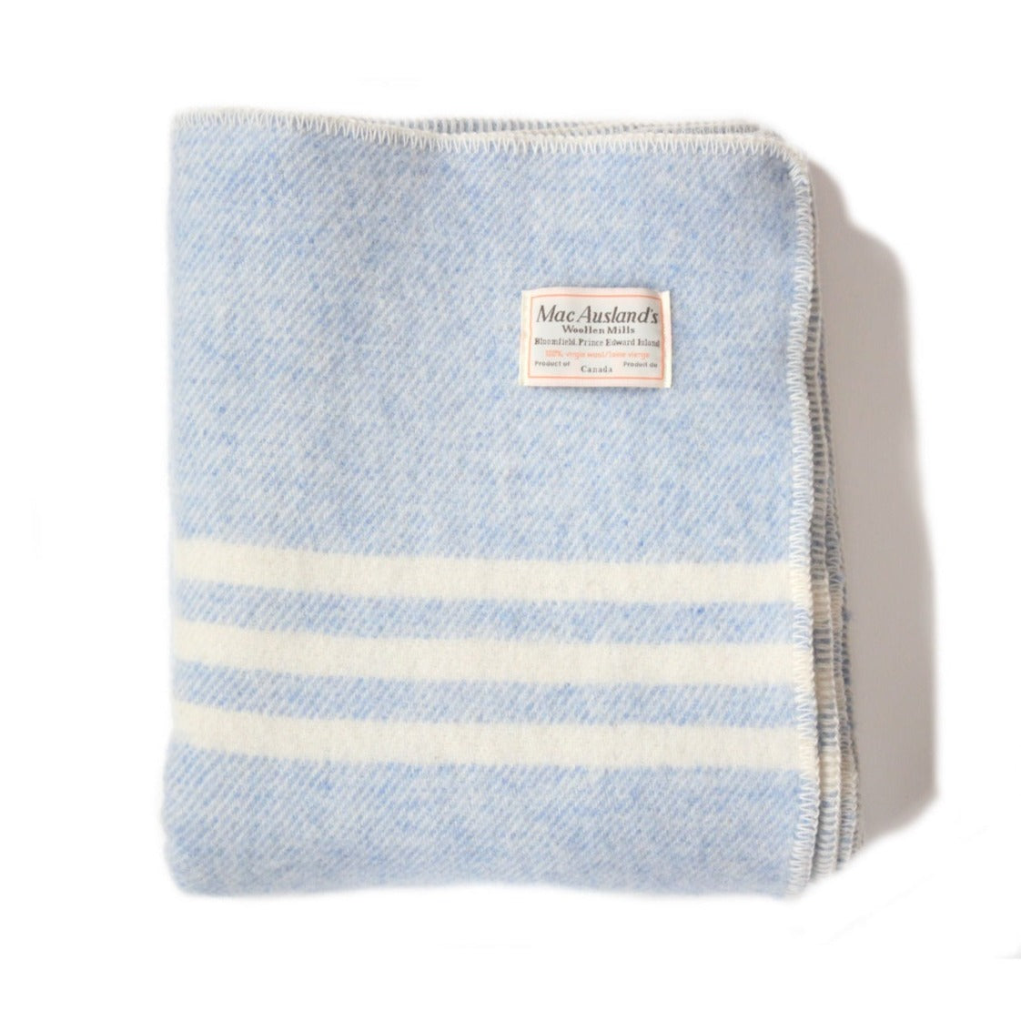 Light blue Canadian virgin wool MacAusland blanket with three white stripes, made in Canada by MacAusland's Woollen Mills in PEI.