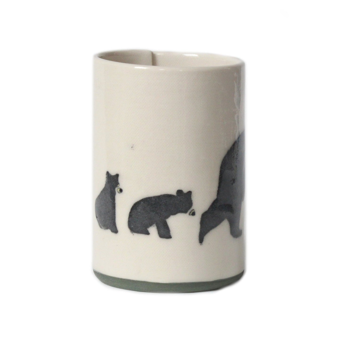 Handmade stoneware clay mug with black bear painting, made in Canada by Susan Robertson Pottery.