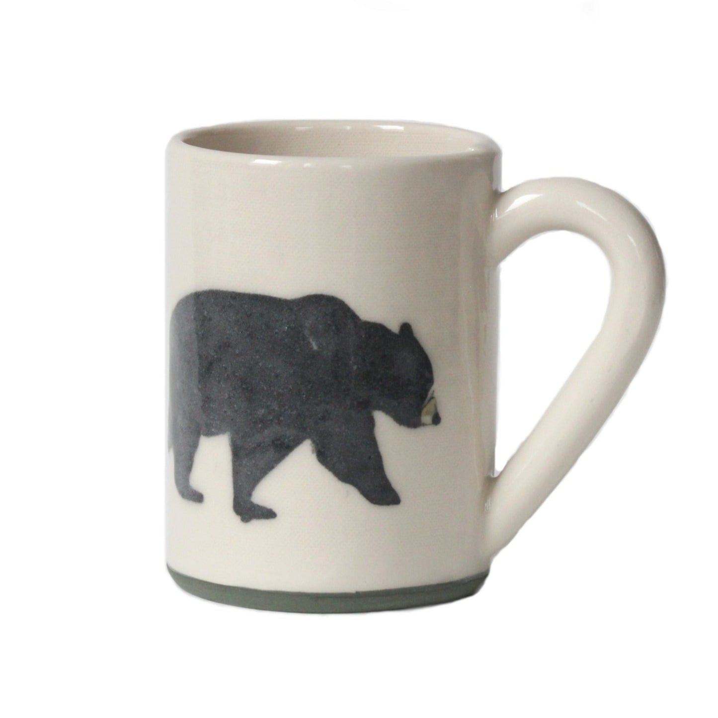 Handmade stoneware clay mug with black bear painting, made in Canada by Susan Robertson Pottery.