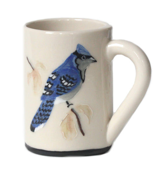 Handmade stoneware clay mug with Blue Jay painting, made in Canada by Susan Robertson Pottery.