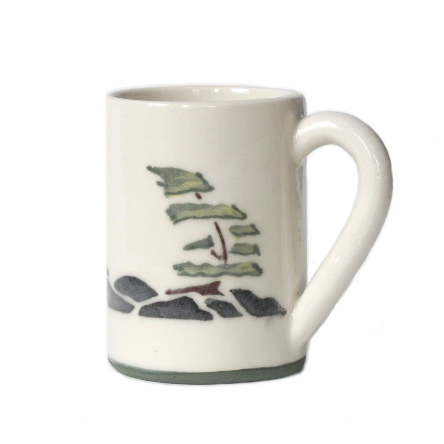 Handmade stoneware clay mug with windswept pine tree painting, made in Canada by Susan Robertson Pottery.