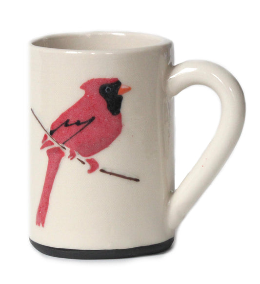 Handmade stoneware clay mug with red Cardinal painting, made in Canada by Susan Robertson Pottery.
