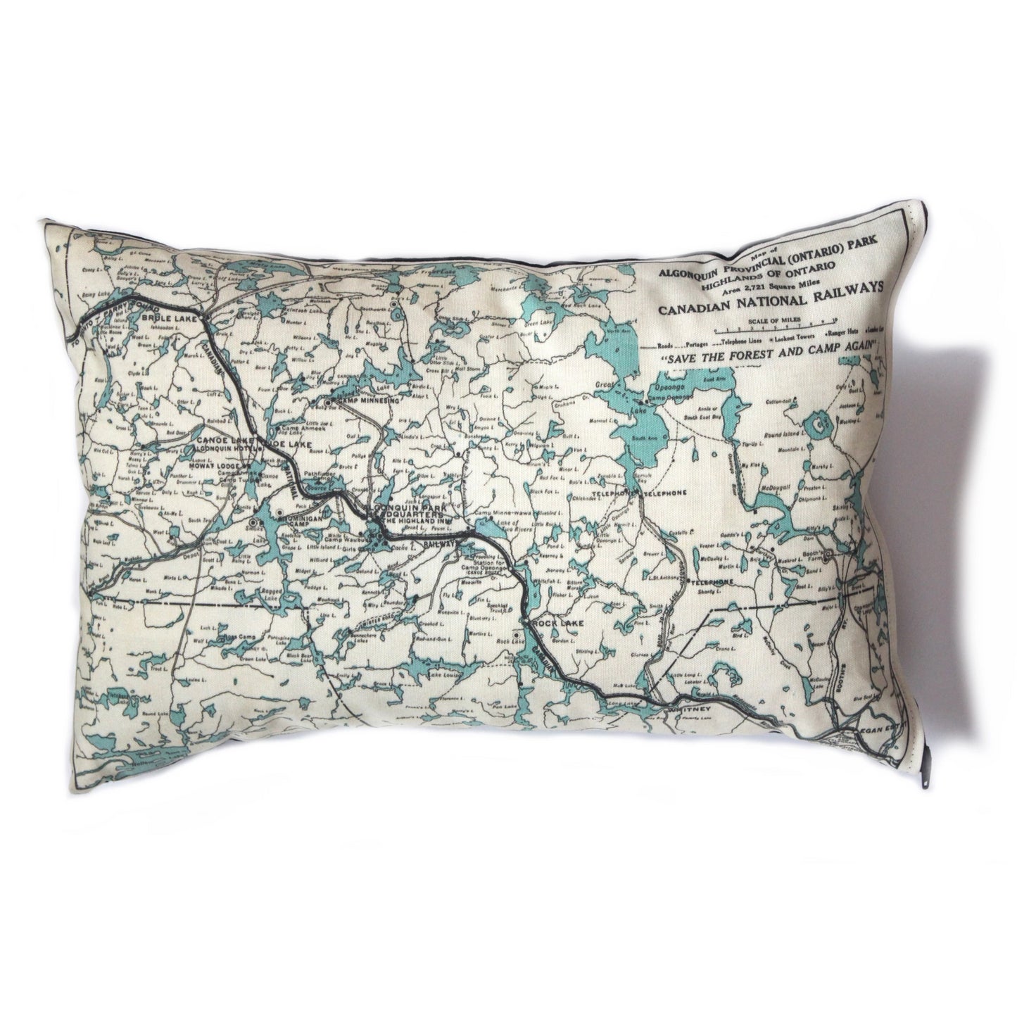 Made in Canada linen pillow case with hand printed vintage map of Algonquin Park in Ontario, Canada.
