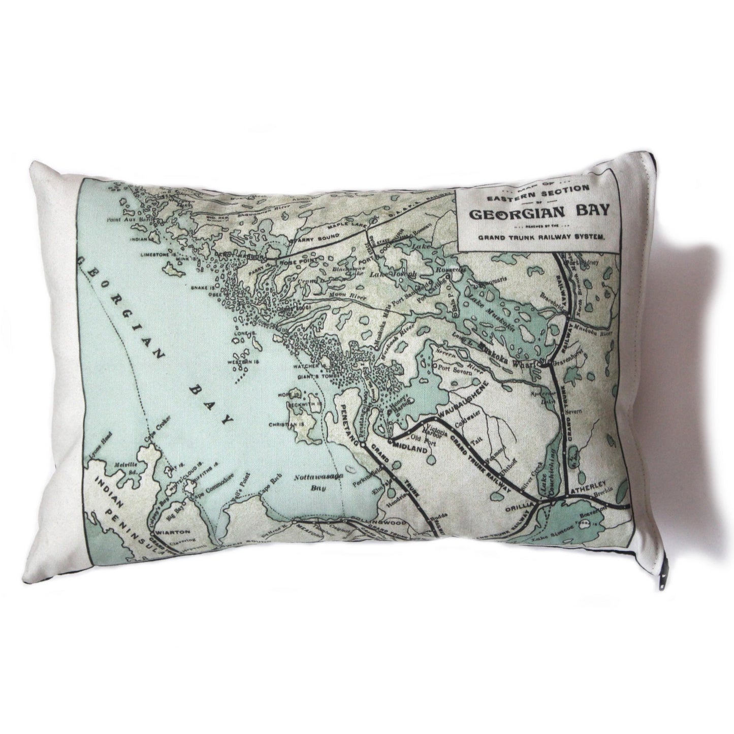Made in Canada linen pillow case with hand printed vintage map of the eastern shore of Georgian Bay in Ontario, Canada.